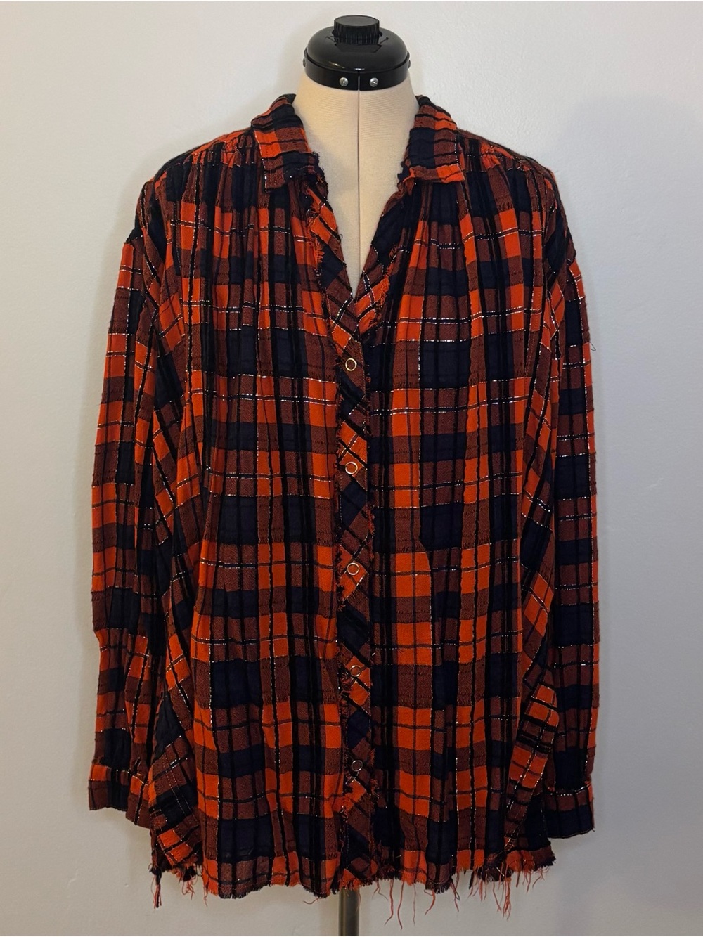 Free People We The Free Lela Metallic Plaid Flannel Shirt, Orange & Blue Tunic M